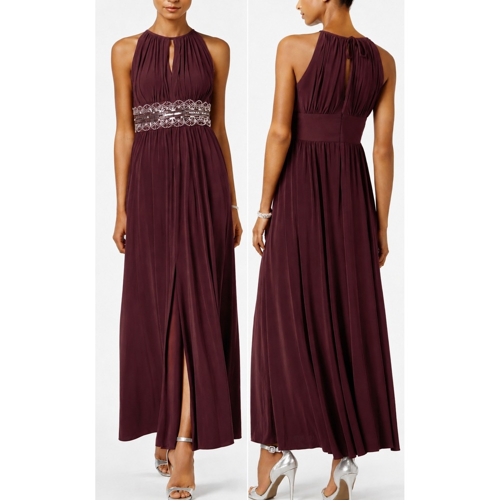 R&M Richards Empire Waist Halter Maxi Gown Burgandy Sequin Formal Dress Size 4